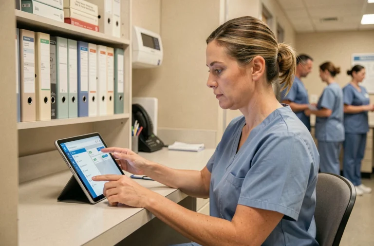 Infirmière utilisant un logiciel de soins Netsoins sur tablette au poste de travail d'un établissement médical