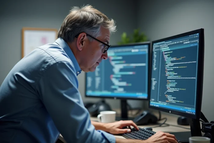 Ingénieur logiciel senior analysant un projet Java en mode debug sur double écran dans un bureau d'entreprise