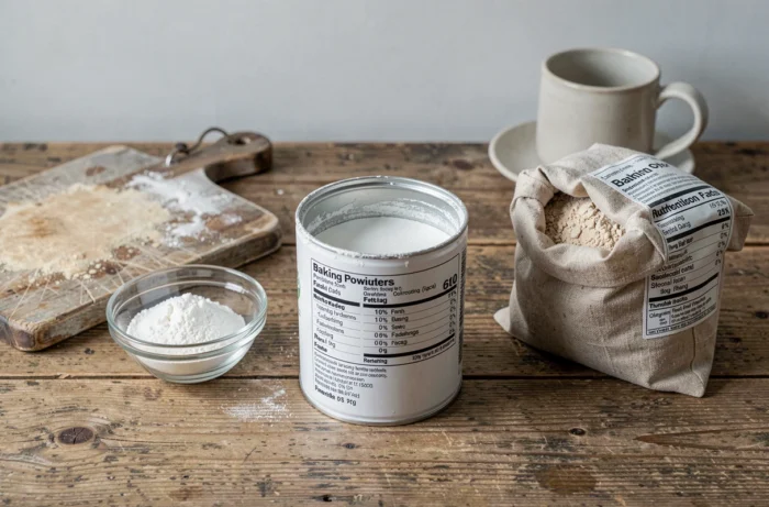 Vue aérienne d'ingrédients de pâtisserie dont de la levure chimique, de la farine et un emballage nutritionnel sur une table en bois rustique