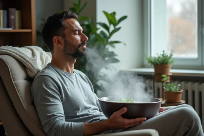 Homme pratiquant l'inhalation de vapeur d'eucalyptus comme remède naturel contre une infection pulmonaire