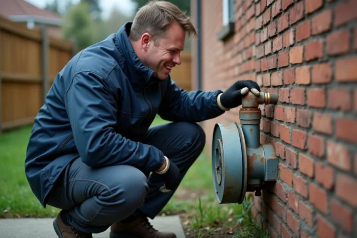 Technicien inspectant un compteur de gaz extérieur pour détecter une fuite d'essence