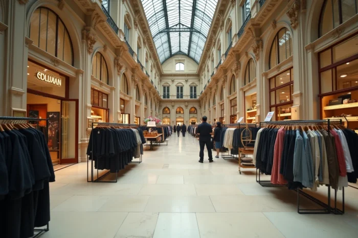 Intérieur d'un magasin Galeries Lafayette vidé lors d'une fermeture avec rayons dégarnis et personnel en activité