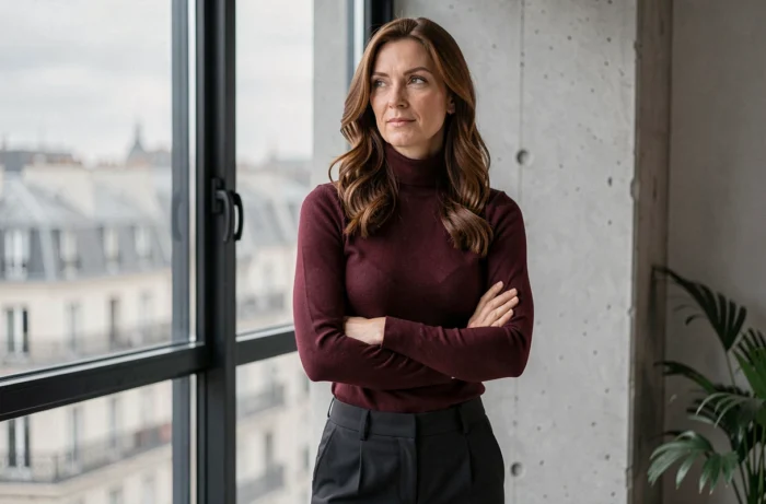 Femme dans la quarantaine au look sophistiqué près d'une fenêtre dans un appartement parisien moderne, regard introspectif, ambiance éditoriale contemporaine
