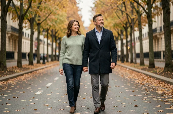 Couple élégant se promenant sur un boulevard parisien en automne, feuilles dorées au sol, tenue décontractée chic, complicité naturelle