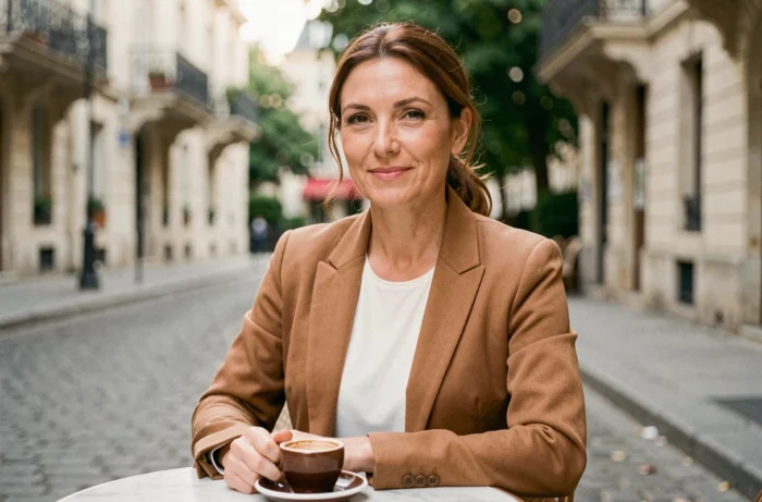 Femme élégante dans la quarantaine assise en terrasse de café parisien, regard serein, tenue soignée camel et blanc, atmosphère douce et intimiste