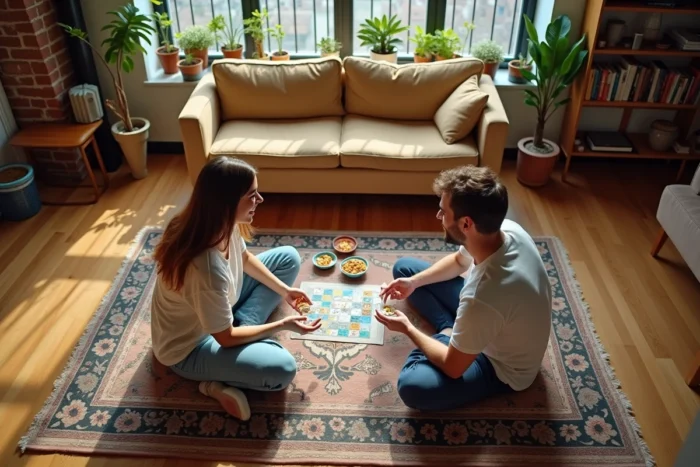Deux amis jouant à un jeu de société sur un tapis vintage dans un appartement cosy aux murs en brique apparente
