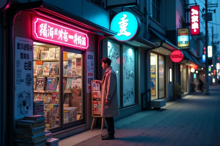 Librairie manga japonaise avec néons électriques et affiches de personnages dans une ruelle urbaine au crépuscule