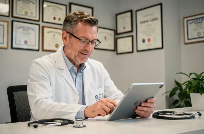 Médecin généraliste consultant une plateforme de santé numérique dans son cabinet médical