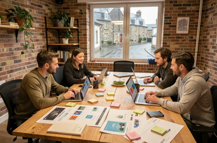 Équipe d'une agence web bretonne réunie autour d'une table de travail avec des maquettes de sites web