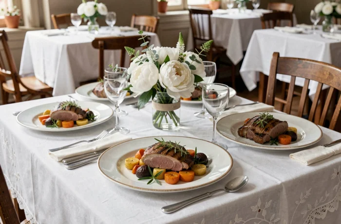 Table de restaurant dressée pour le menu de Pentecôte avec agneau aux herbes et légumes printaniers dans un bistro français