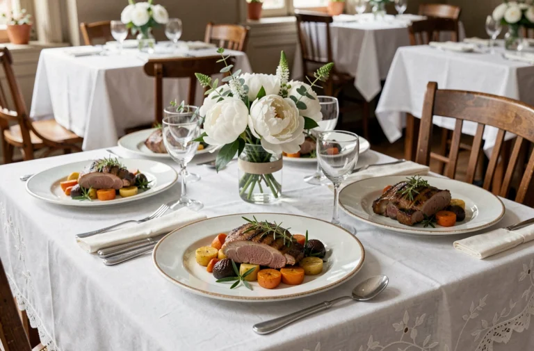 Table de restaurant dressée pour le menu de Pentecôte avec agneau aux herbes et légumes printaniers dans un bistro français