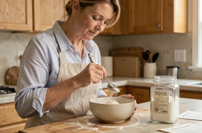 Femme mesurant de la levure chimique avec une cuillère dans un bol en céramique sur un plan de travail en marbre dans une cuisine moderne