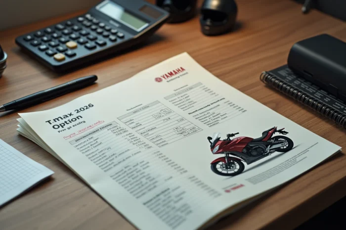 Flat lay de brochure et notes budgétaires pour l'achat d'un Yamaha TMAX 2026 en full options sur un bureau en bois