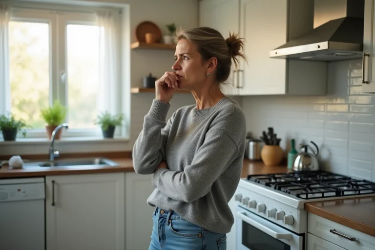Femme inquiète qui sent une odeur d'essence dans sa cuisine près d'une gazinière