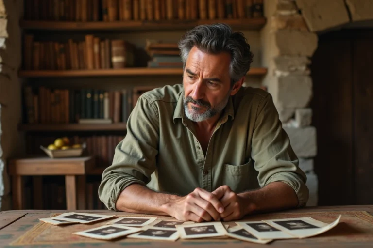 Homme d'origine mixte méditerranéenne et latino-américaine consultant de vieilles photos de famille sur une table en bois rustique, illustrant la recherche des racines familiales de Jules Torres