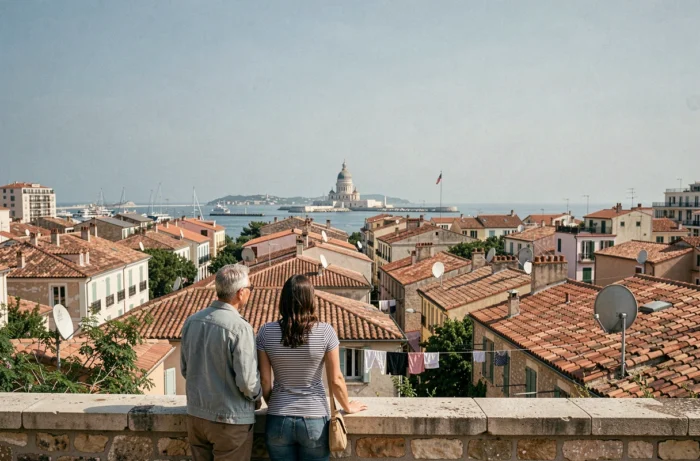 Couple de voyageurs admirant le panorama sur les toits du Panier et le Vieux-Port de Marseille
