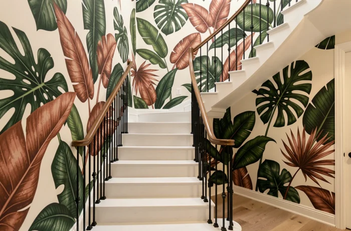 Papier peint panoramique botanique couvrant le mur de fond de la montée d'escalier