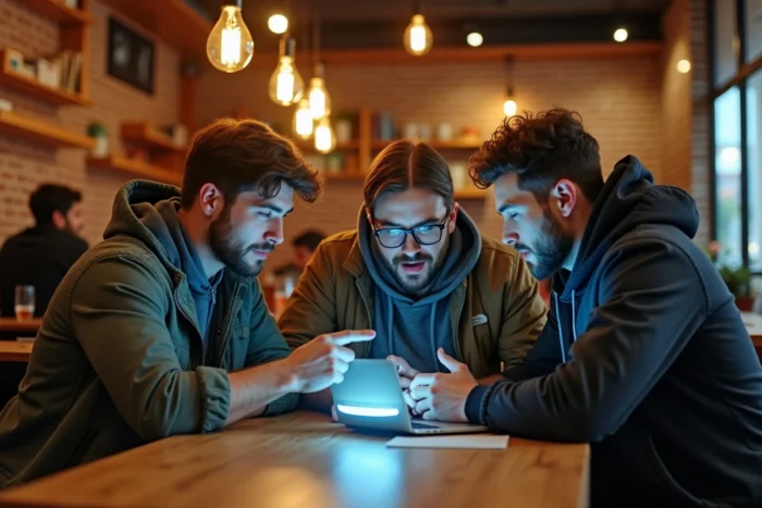 Groupe de passionnés d'informatique discutant des dernières tendances tech dans un café co-working