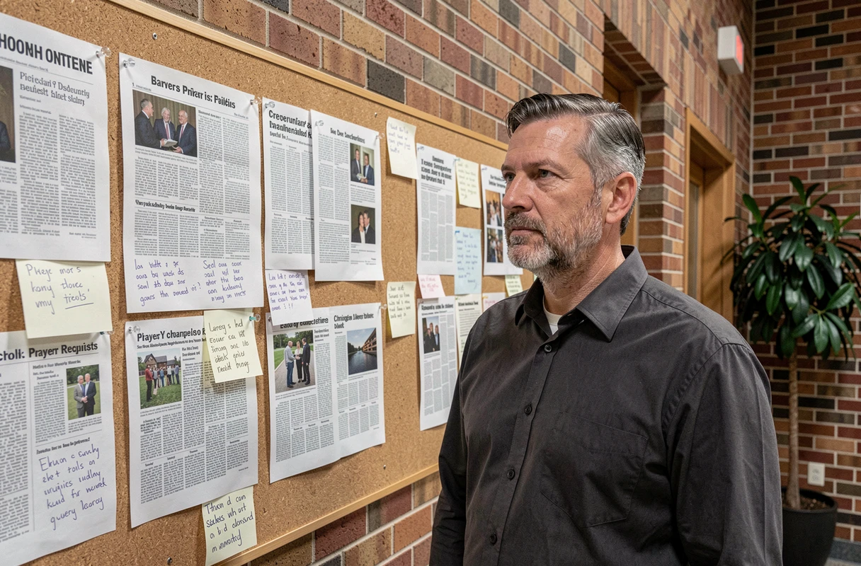 Pasteur chrétien consultant un tableau d'actualités religieuses dans une église contemporaine