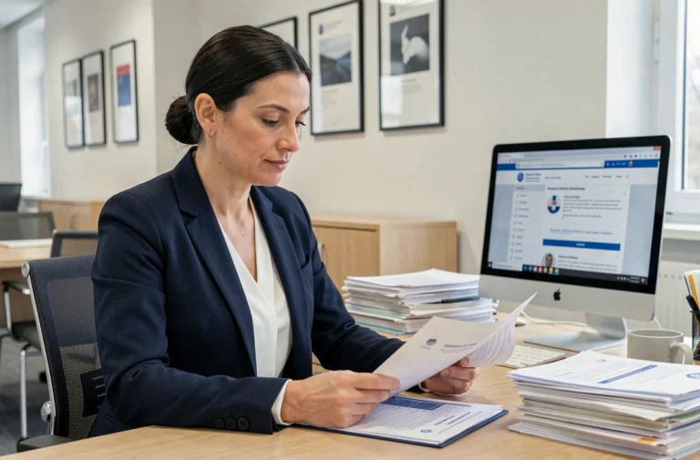 Personnelle administrative de l'académie de Grenoble consultant des documents officiels liés au PIA dans son bureau