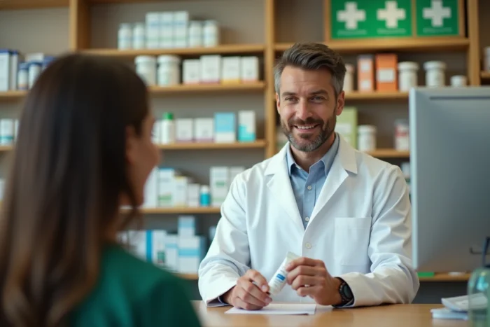 Pharmacien expliquant le traitement antiviral en crème pour soulager les symptômes du zona, dans une pharmacie de quartier