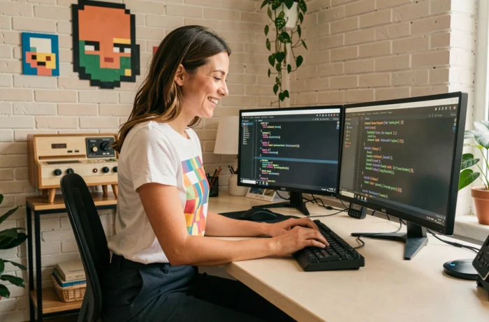 Développeuse web de Pixel Agence Web codant sur deux moniteurs dans un bureau aux murs en briques décorés