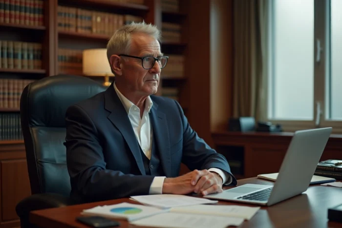 Portrait d'un homme en costume sombre assis à un bureau avec des documents financiers, évoquant une personnalité publique discrète liée à la sphère politique française