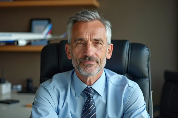 Portrait rapproché d'un PDG de l'industrie aérospatiale dans un bureau directorial avec maquette d'avion commercial en arrière-plan