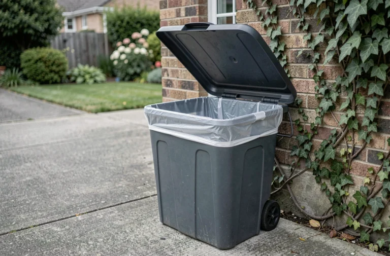 Poubelle résidentielle extérieure propre avec couvercle entrouvert sur une allée en béton, illustration d'une bonne gestion des déchets pour éviter les asticots