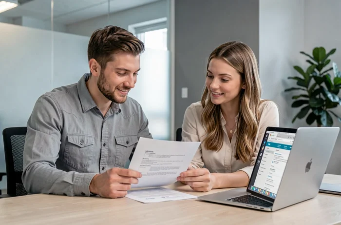 Deux professionnels comparant un CV imprimé et des offres d'emploi en ligne dans un bureau de recrutement moderne