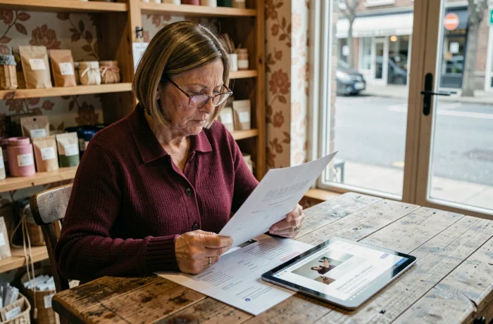 Propriétaire de boutique examinant un prototype de site web professionnel sur tablette et papier dans son commerce