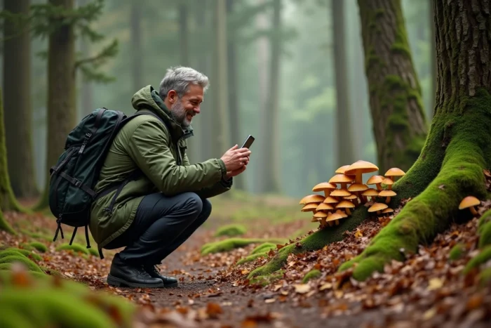 Homme en forêt photographiant des champignons sauvages sur un sentier couvert de mousse et de feuilles automnales