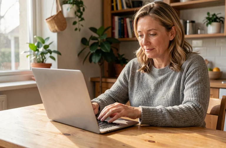Femme cherchant un professionnel de santé en ligne sur son ordinateur portable à la maison