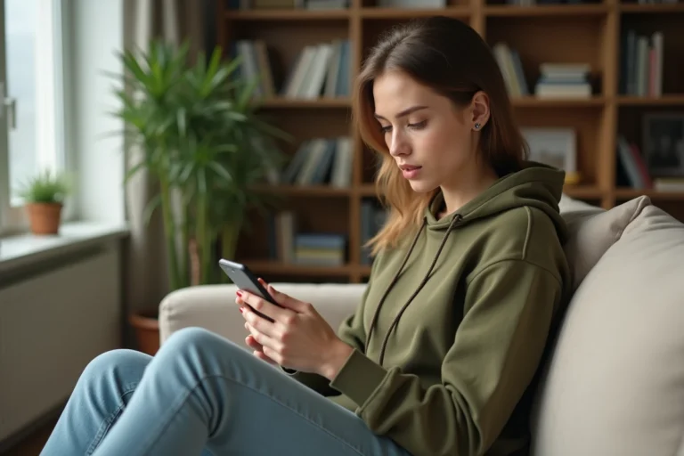 Jeune femme consultant des stories Instagram incognito sur son smartphone dans un appartement moderne