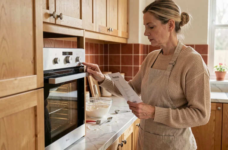 Femme ajustant le thermostat de son four domestique à 180 degrés en cuisine, tenant une fiche recette imprimée