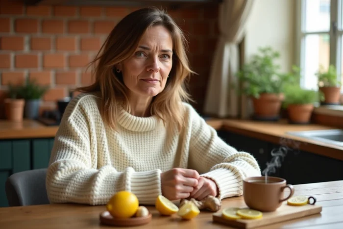 Femme préparant un remède naturel à base de gingembre, citron et miel pour traiter une infection pulmonaire à la maison