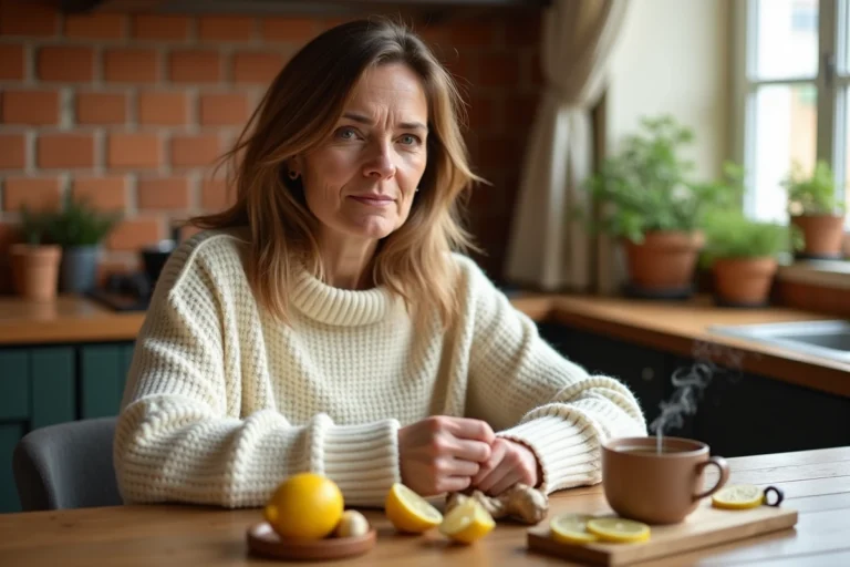 Femme préparant un remède naturel à base de gingembre, citron et miel pour traiter une infection pulmonaire à la maison