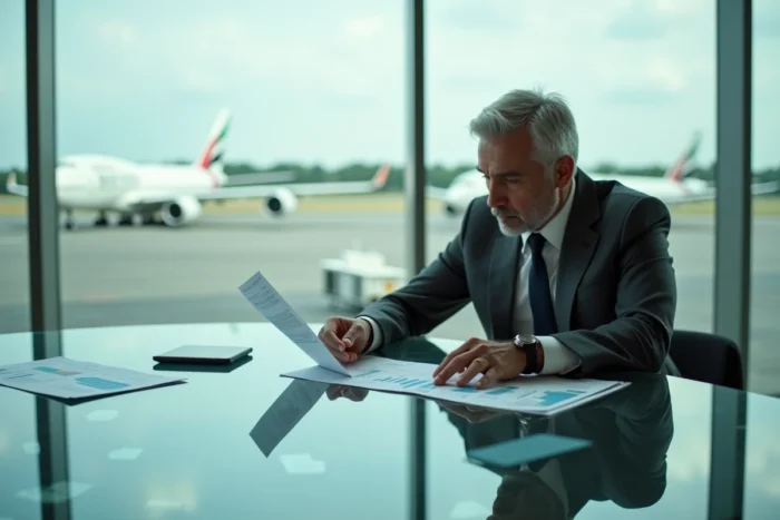 Cadre supérieur de l'industrie aéronautique étudiant des documents financiers dans une salle de réunion avec vue sur un aéroport