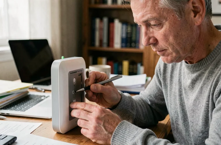 Homme appuyant sur le bouton reset d'une station météo La Crosse Technology avec un stylo à bille sur un bureau à domicile