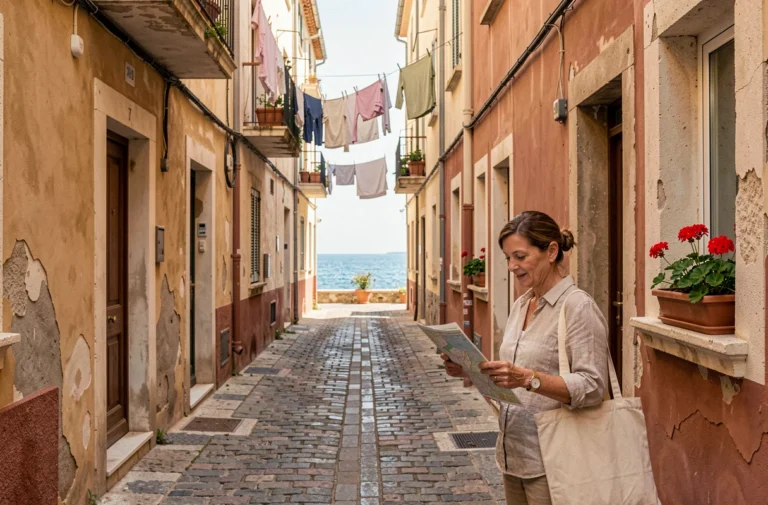 Touriste explorant une ruelle pittoresque du quartier du Panier à Marseille avec des façades colorées et du linge suspendu