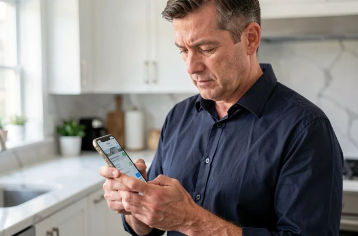 Homme sécurisant son espace locataire en ligne via l'application MyFoncia sur smartphone