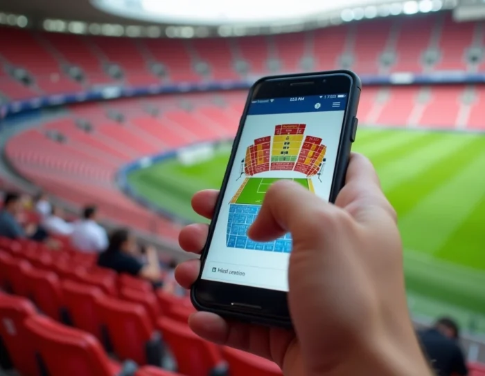 Smartphone affichant un plan numérique du stade Vélodrome avec rangs et numéros de places mis en évidence