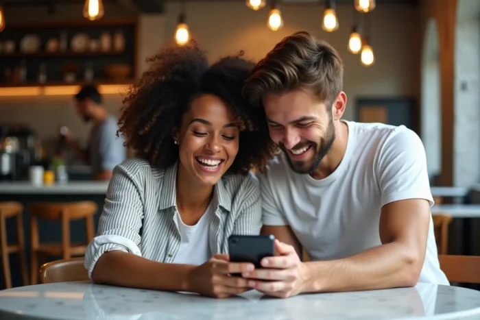 Deux amis découvrant comment consulter des stories Instagram de façon anonyme dans un café