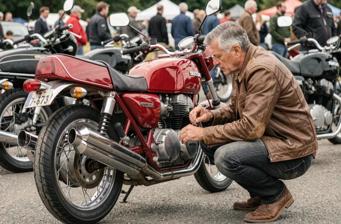 Suzuki GT 750 restaurée en rouge Candy Red à un rassemblement de motos classiques avec un passionné accroupi