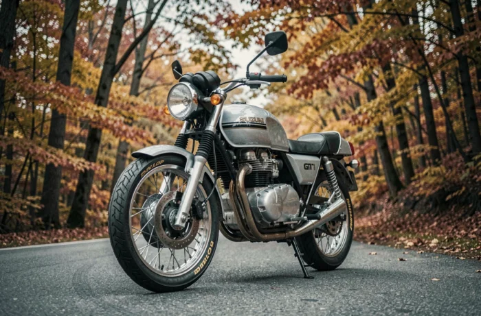 Suzuki GT 750 série Le Mans coloris argent métallisé photographiée en contre-plongée sur route asphaltée entourée de feuillage automnal
