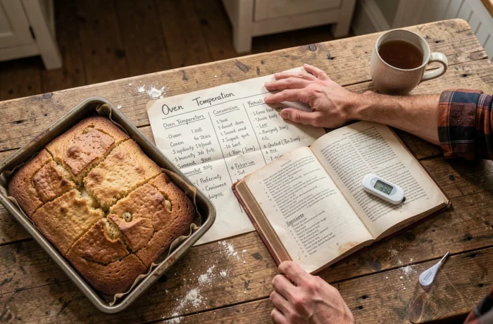 Table de cuisine avec tableau de conversion des températures four en degrés et thermostat, accompagné de pâtisseries dorées