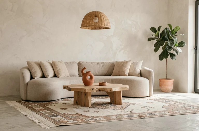 Salon contemporain avec canapé en lin beige, table basse en chêne et décoration tendance pour la maison en 2024