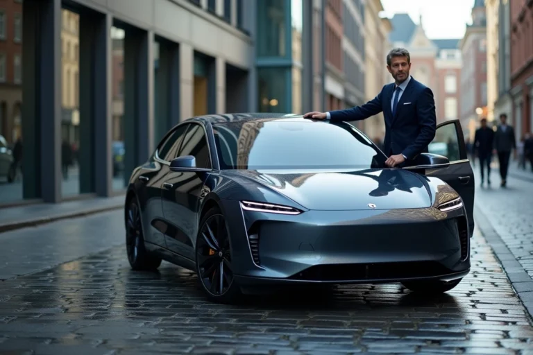 Homme en blazer marine appuyé contre une berline électrique moderne dans une rue urbaine européenne en 2024