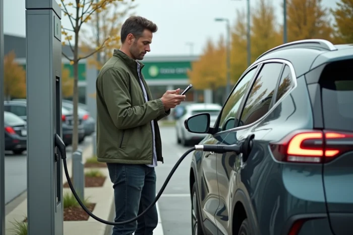 Homme branchant un câble de recharge sur un véhicule électrique dans une station de recharge publique en banlieue en 2024