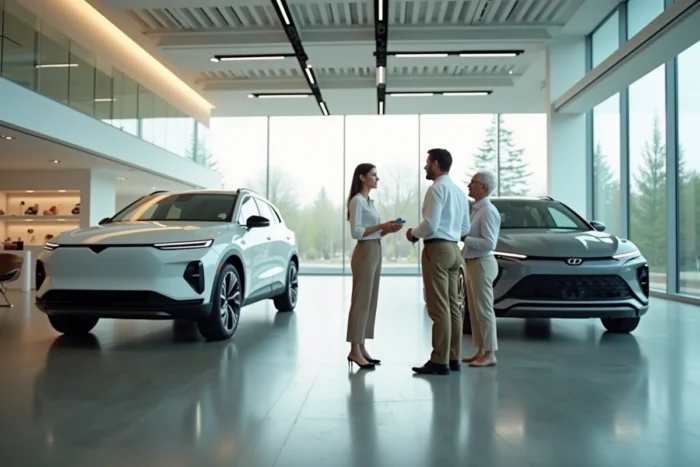 Conseillère automobile présentant un SUV hybride à des clients dans un showroom moderne et épuré en 2024